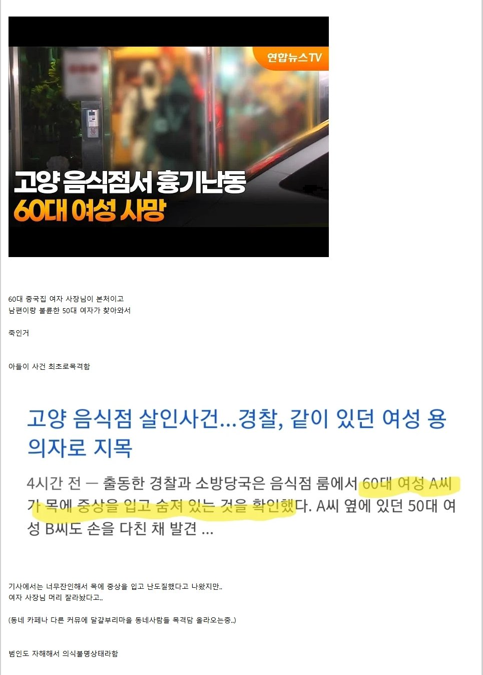 어제 고양시 삼송 살인사건 불륜녀가 본처죽임 | 인스티즈